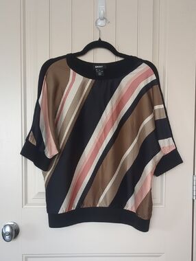 DKNY Black, Brown & Pink Diagonal Stripe Short Sleeve Blouse